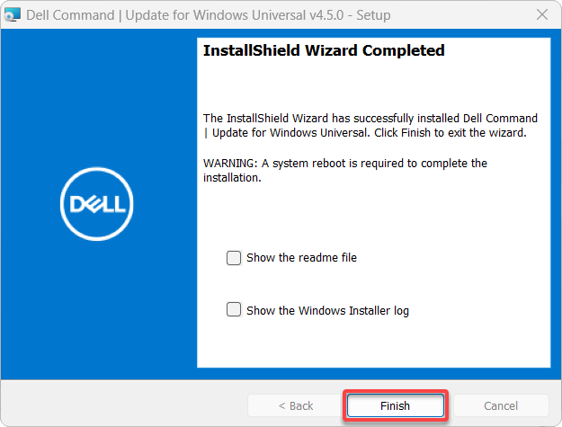 Finishing the installation of Dell Command Update