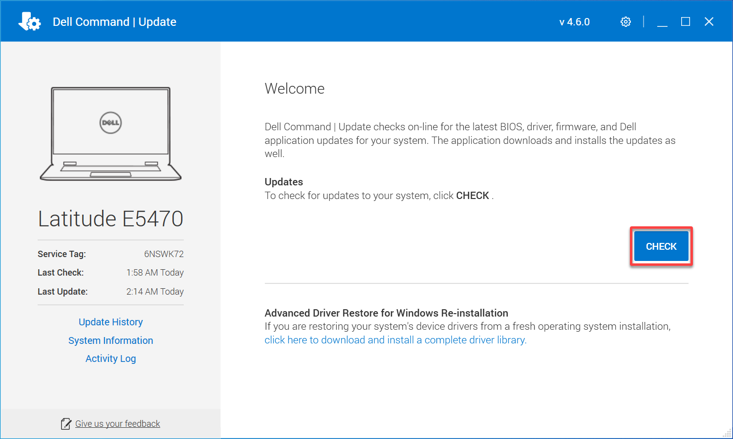 Checking for available updates with Dell Command Update