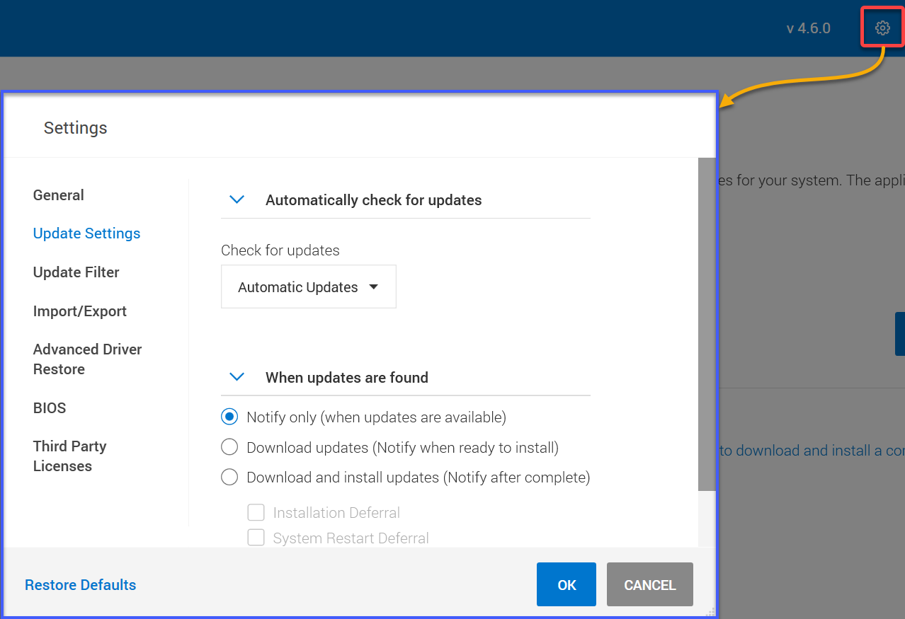 Navigating Dell Command Update's settings menu