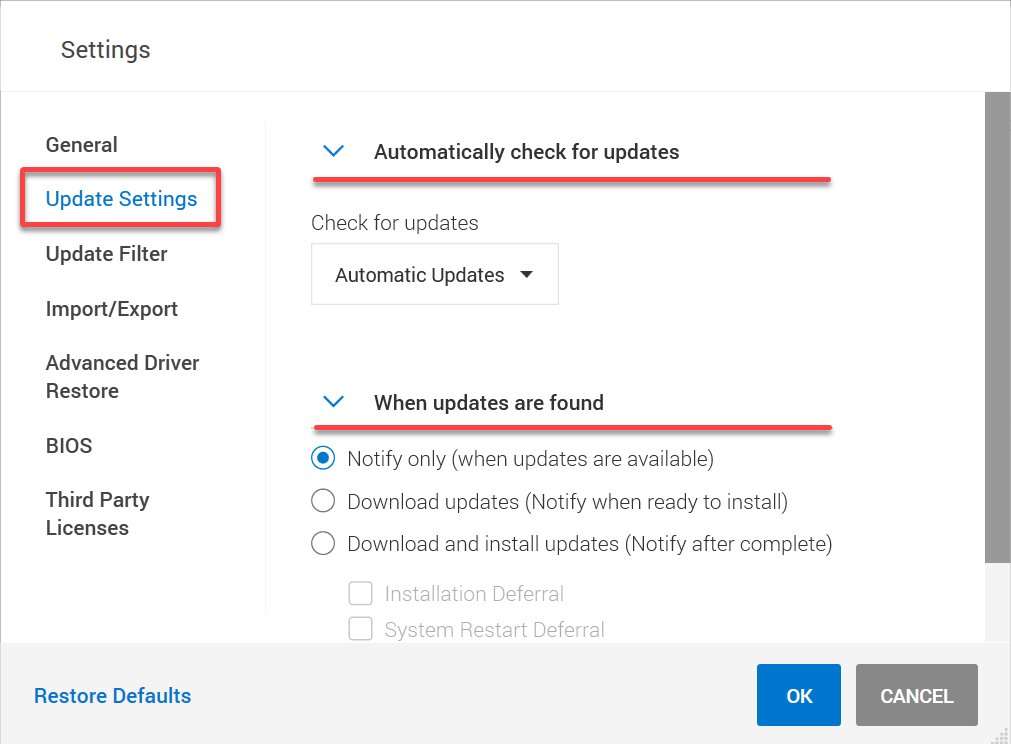 Setting basic update parameters in Dell Command Update