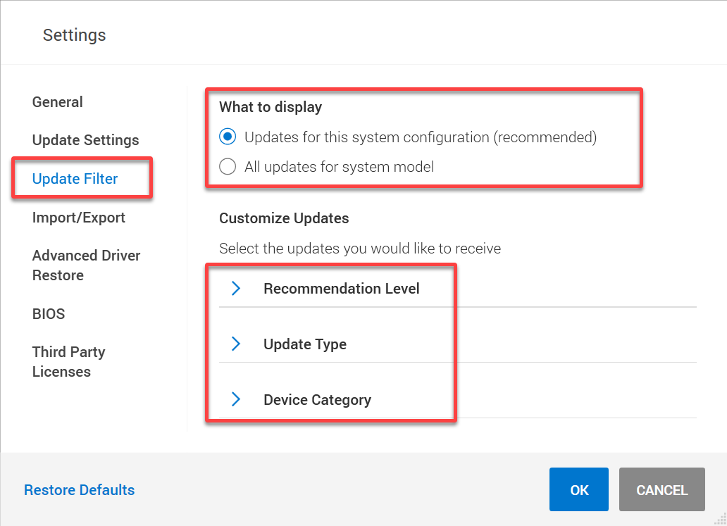 Fine-tuning update filter settings in Dell Command Update
