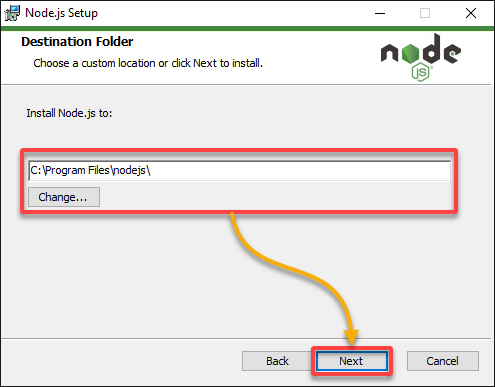 Selecting the Node.js installation folder