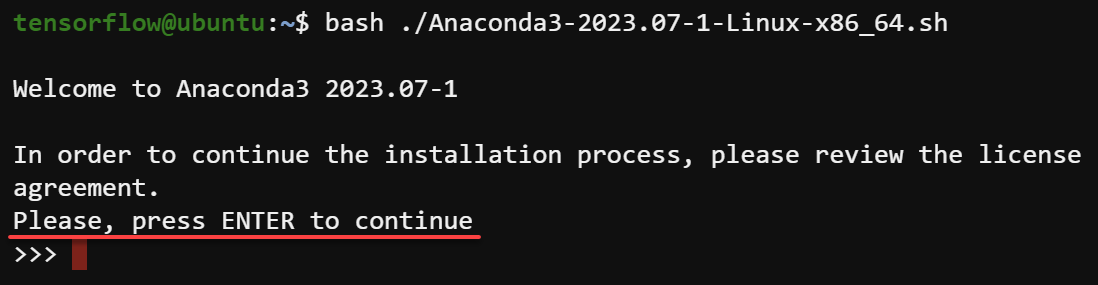Confirming running the Anaconda installer script