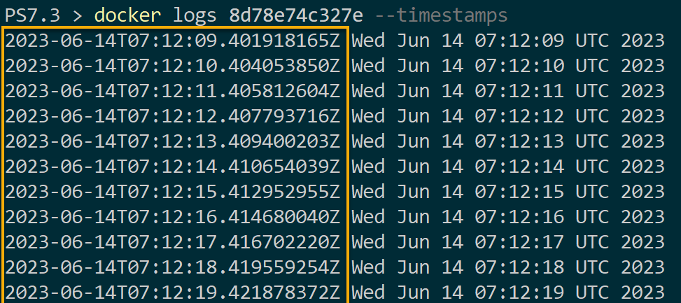 Listing Docker logs, including timestamps