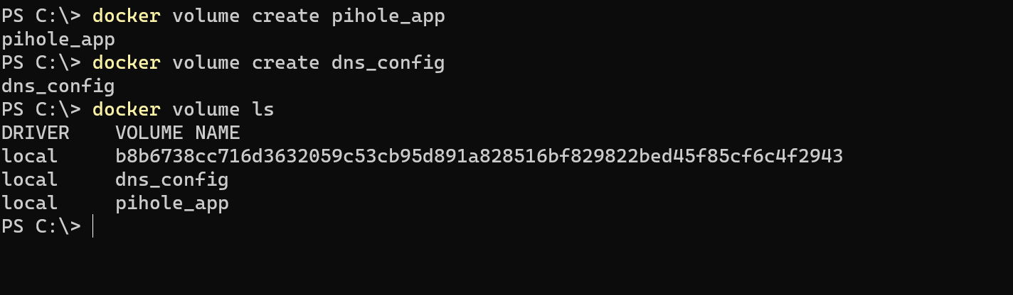 Creating two Docker Volumes for the Pi-hole Configurations.