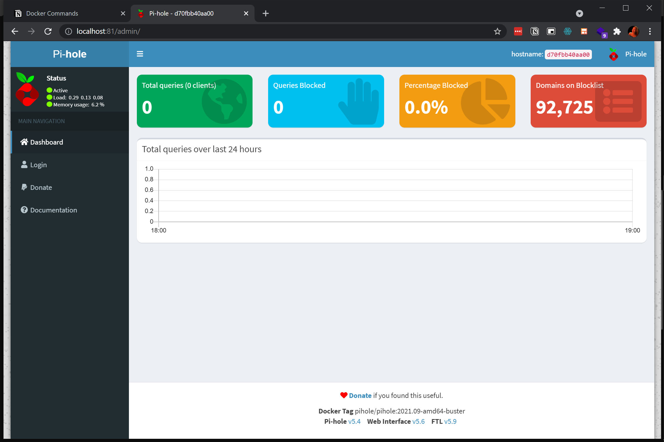 Viewing Pi-hole dashboard Default Page.