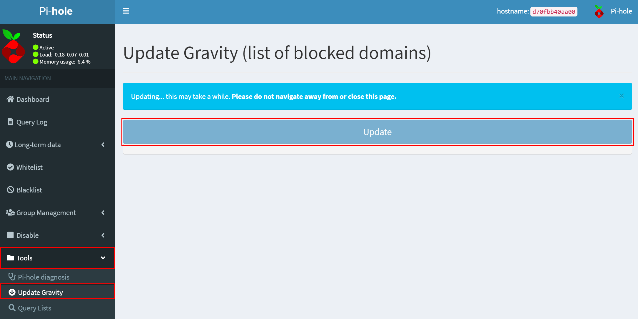 Showing Update Gravity on Pi-hole UI after Copying Additional Website Blacklists on Text File