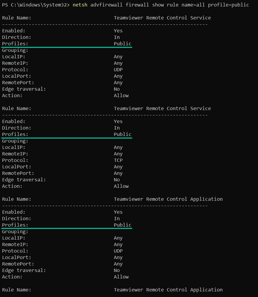 Listing firewall rules in public profiles