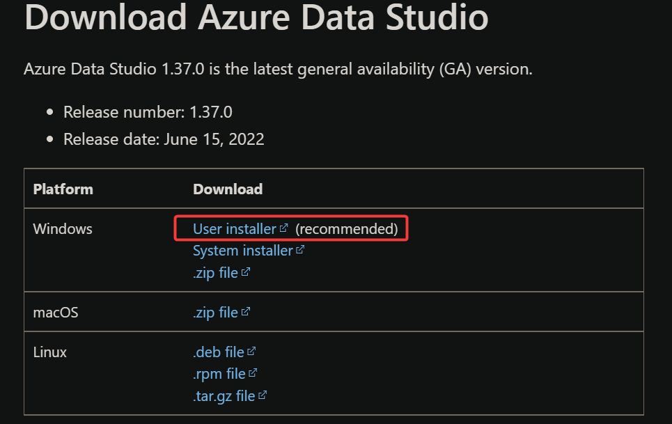 Azure Data Studio User installer download