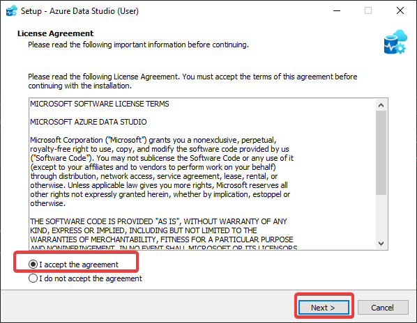 Accepting Azure Data Studio software license terms