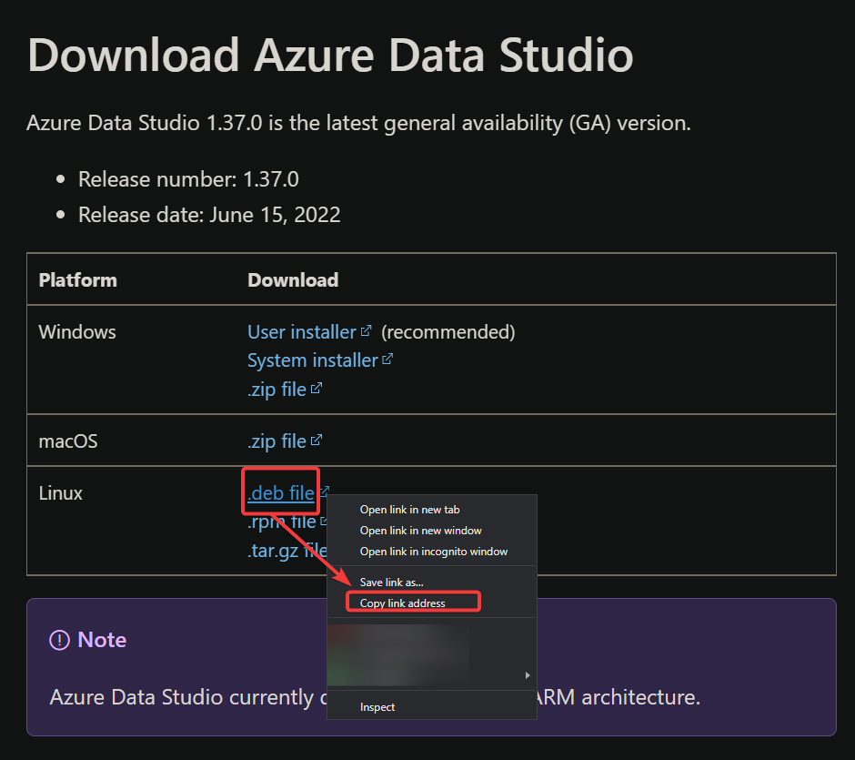 Copying the Azure Data Studio .deb file's download link