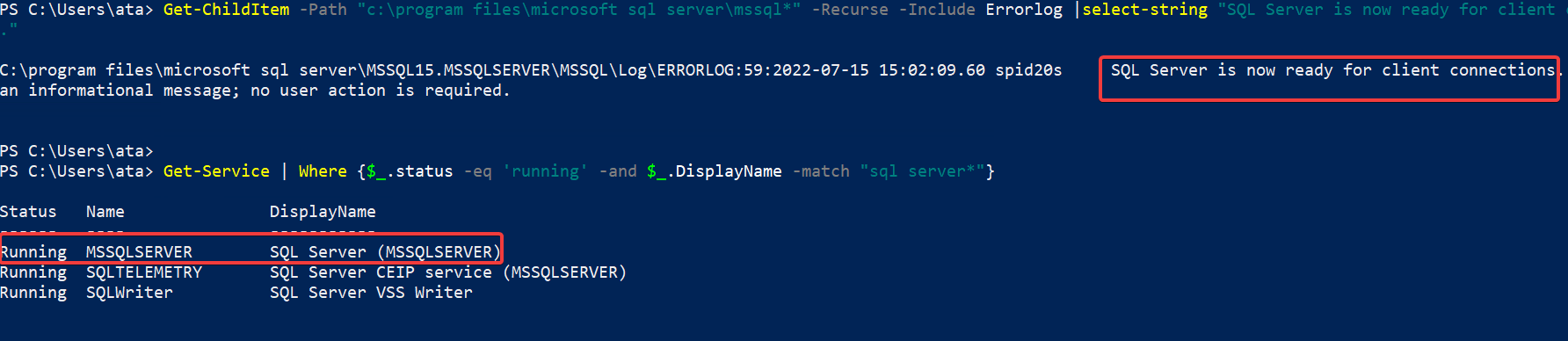 Verifying the SQL Server instance is running for Azure Data Studio