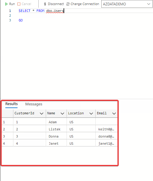 Querying rows of data from the Users table in Azure Data Studio