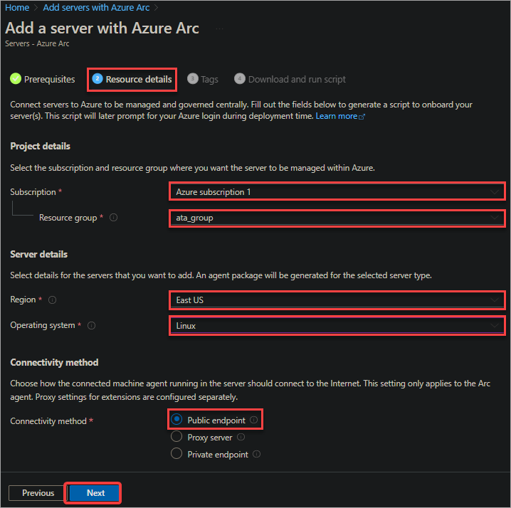 Azure Arc - Filling out resource details