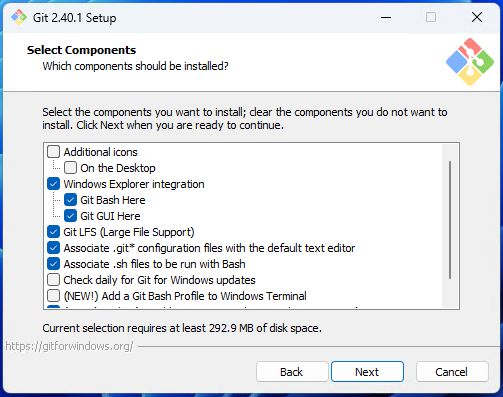 Selecting Git Bash components screenshot