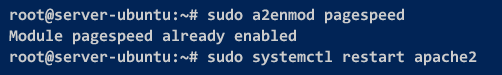 Enabling the PageSpeed module and restarting the Apache2 service 