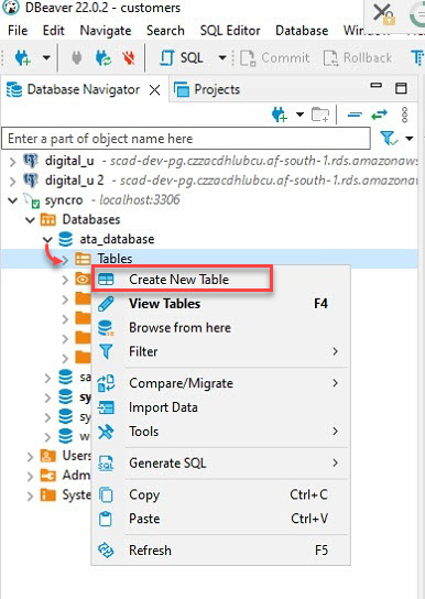 Creating a new database table with DBeaver GUI.