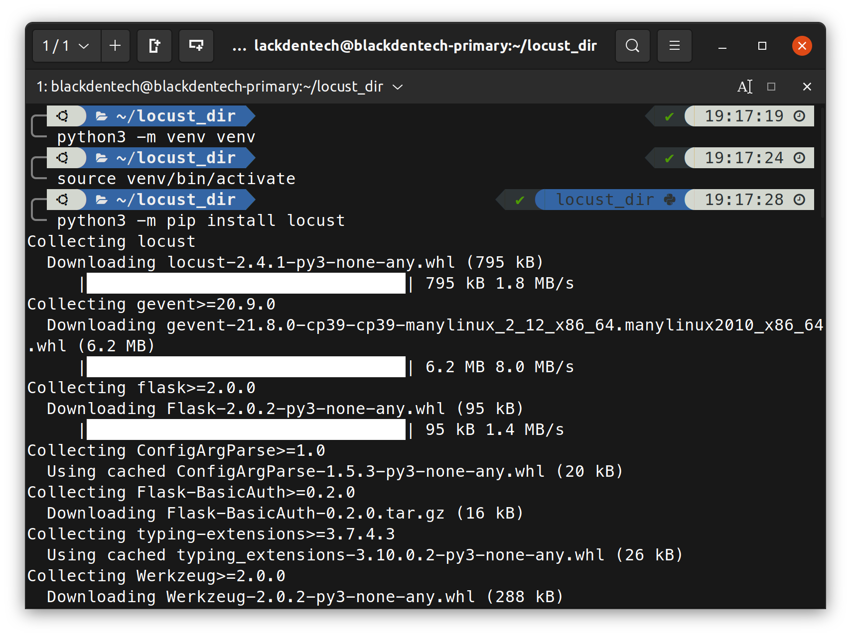 Starting and installing locust in a virtual environment