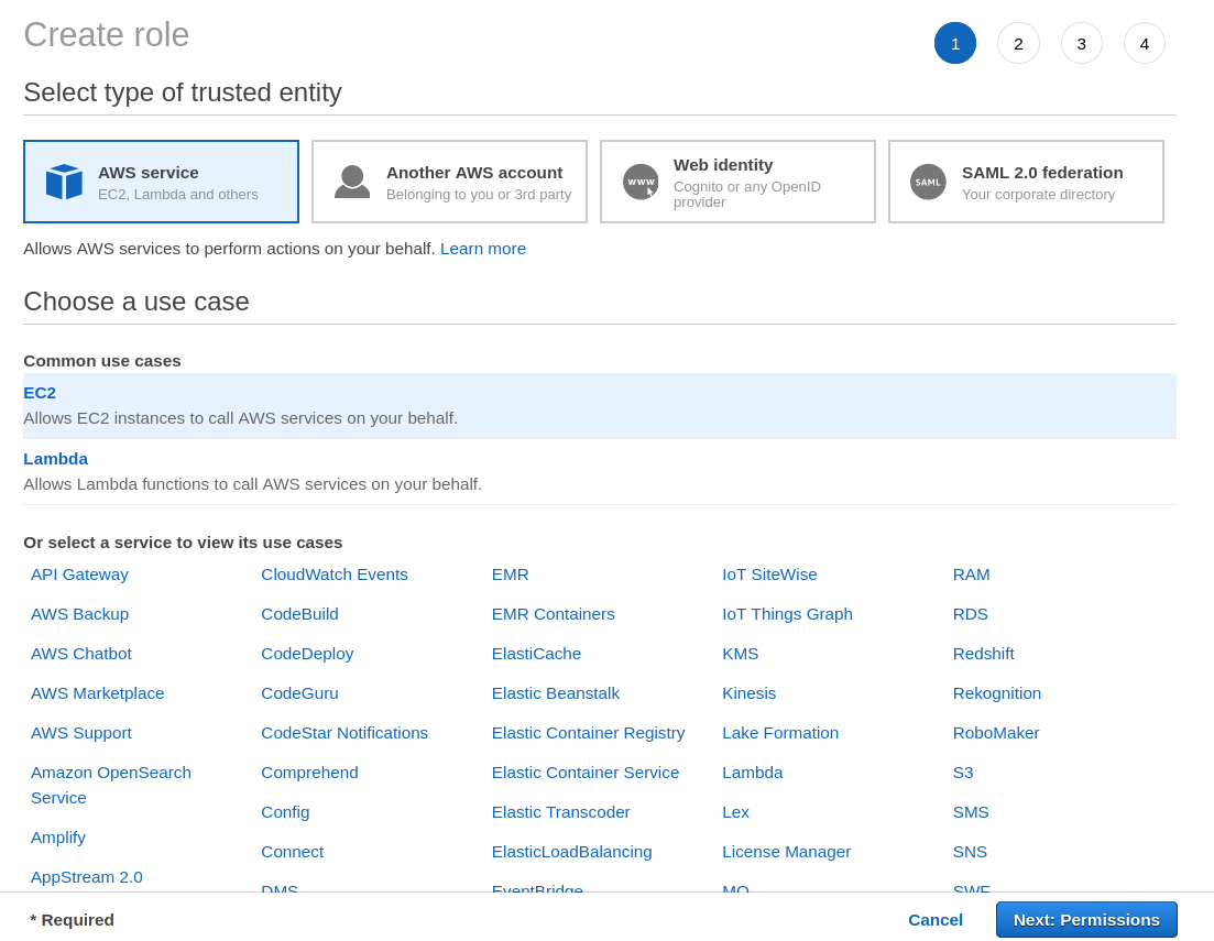 Selecting EC2 as a common use case