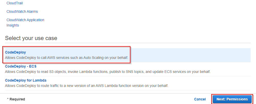 Selecting the CodeDeploy use case