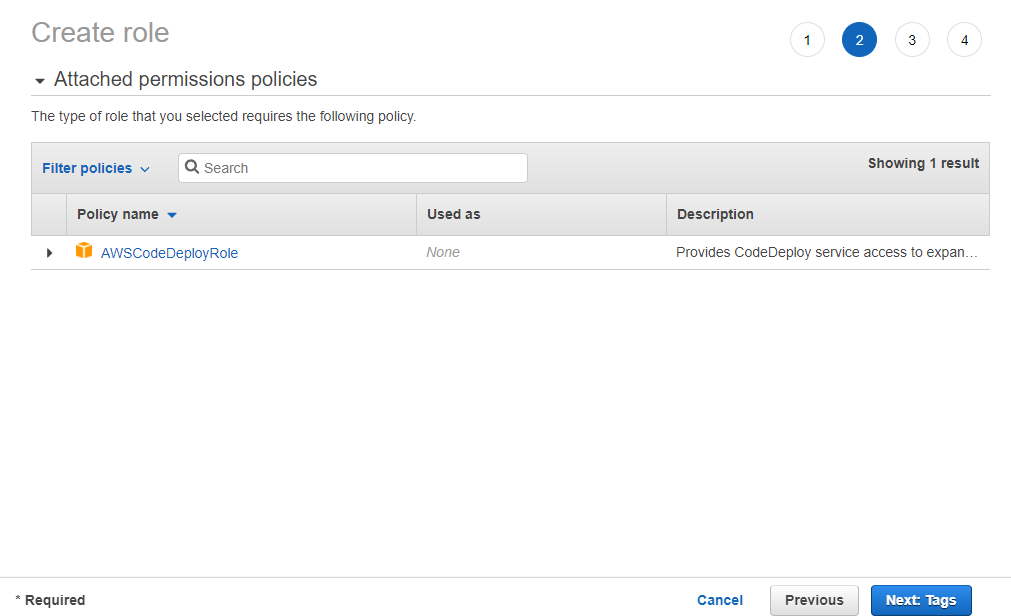 Showing the attached policies to the CodeDeploy use case