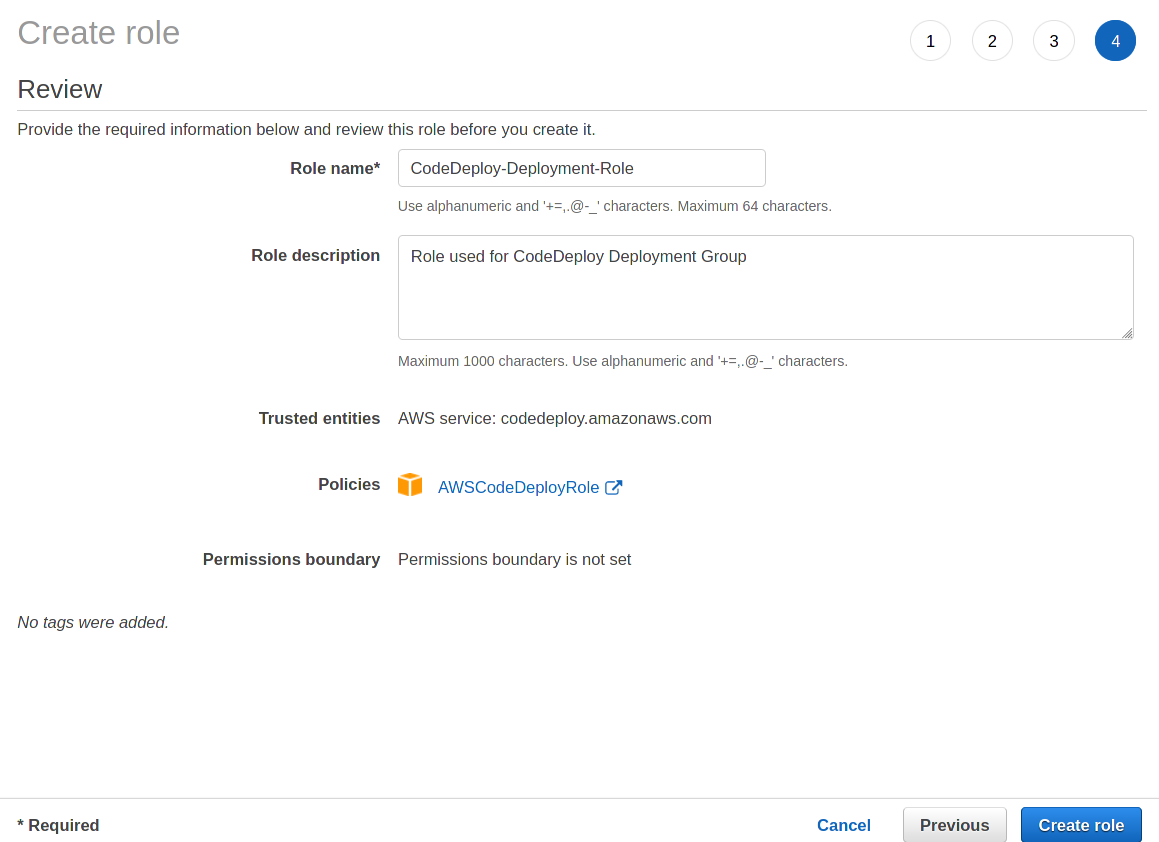 Reviewing details of CodeDeploy IAM Role