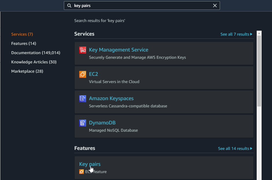 Locating the EC2 Key Pairs feature