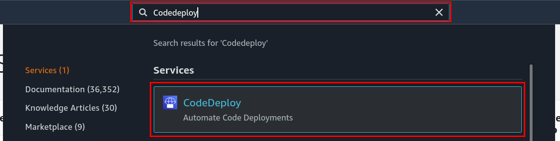 Searching for CodeDeploy service through AWS console 