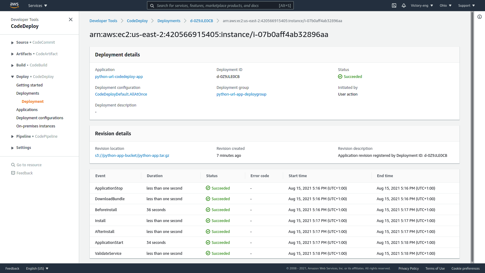 Viewing lifecycle events executed from a deployment made by CodeDeploy