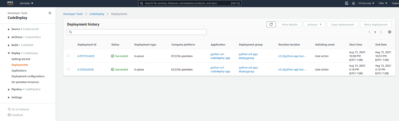 Viewing CodeDeploy Deployments History