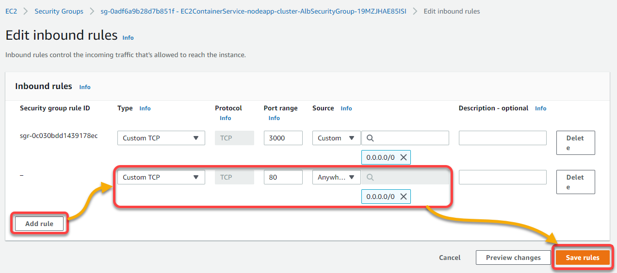 Adding an inbound rule for port 80 