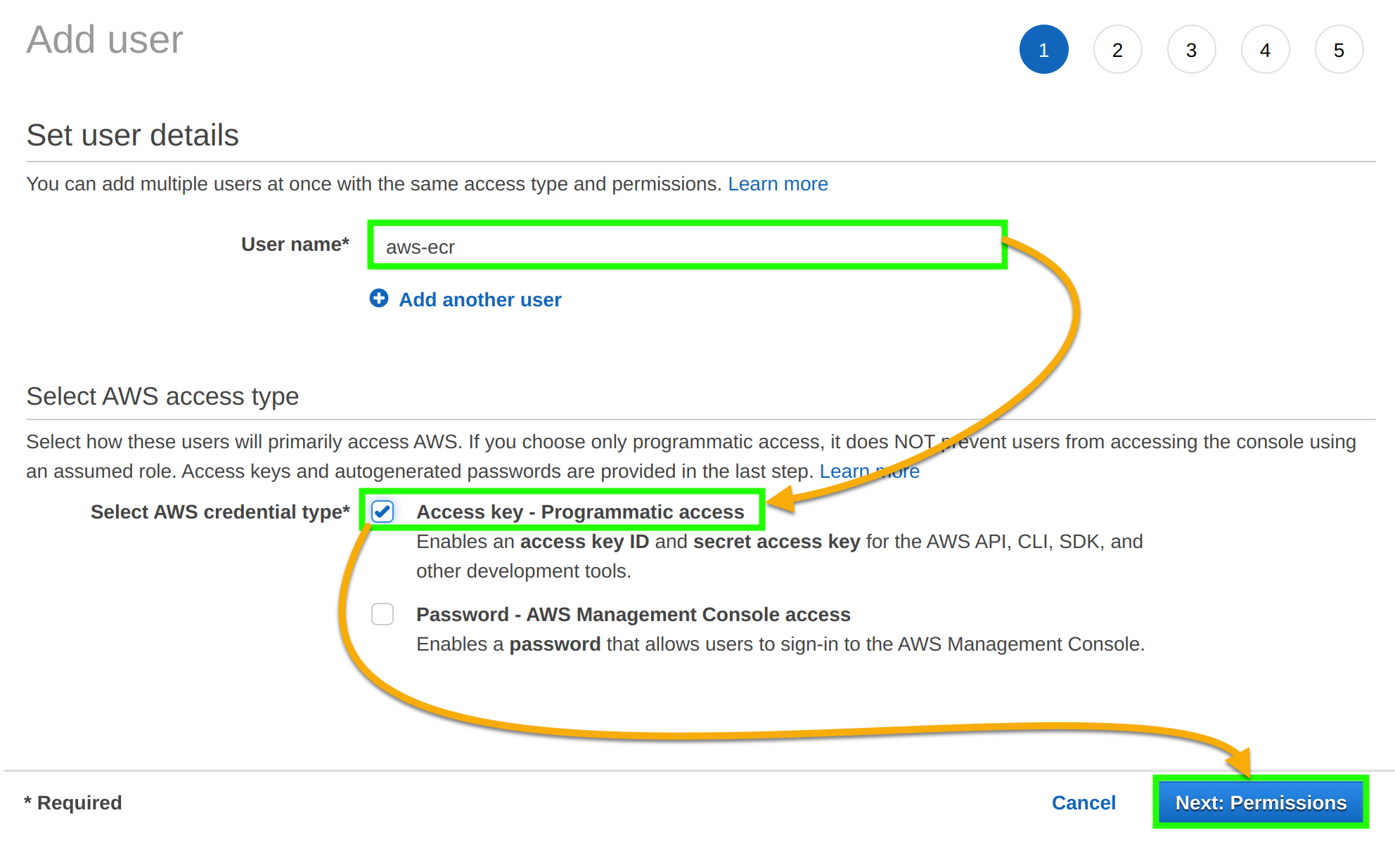 Providing IAM user name and selecting an AWS access type