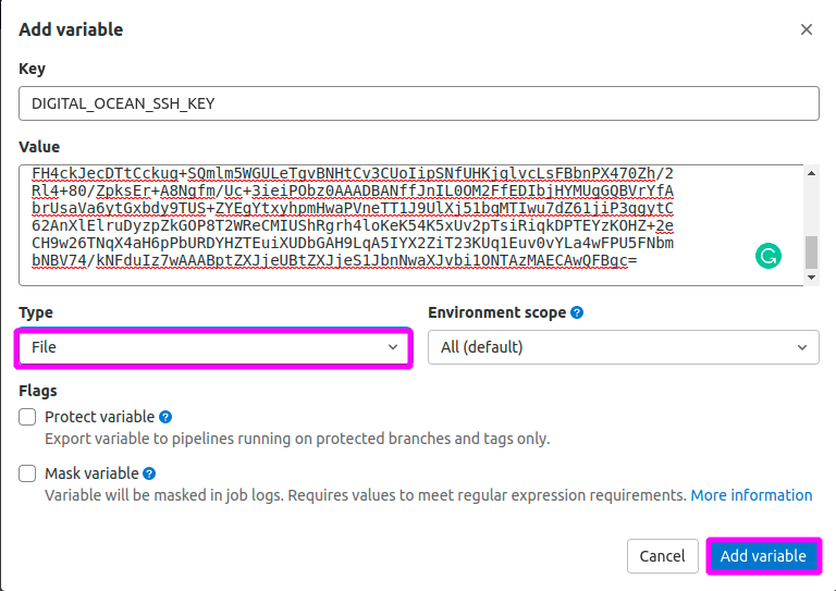 Creating the DIGITAL_OCEAN_SSH_KEY secret variable