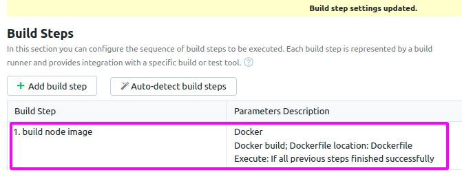 Verifying the newly-created build step (build node image)