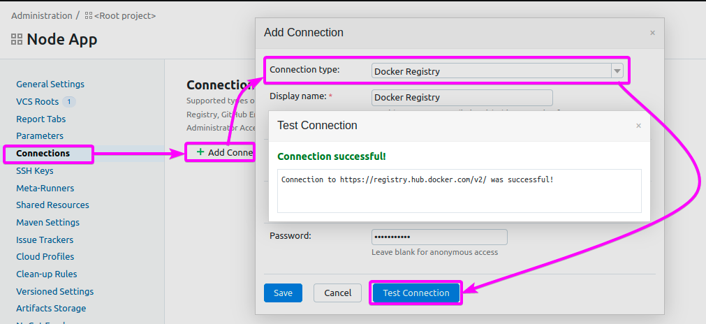 Creating and testing connection in TeamCity