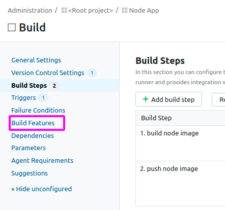 Selecting build features on the Build steps page