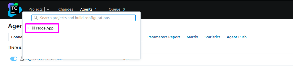 Selecting the TeamCity project (Node App)