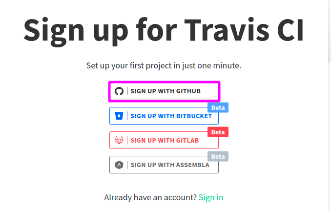 Signing up for Travis CI with (GitHub)