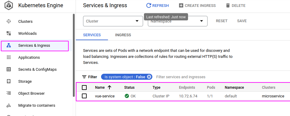 Viewing Services Status on GKE