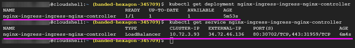 Confirm that the nginx-ingress-controller deployment and service are deployed to your GKE cluster