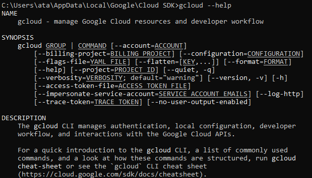 Getting help in using the gcloud CLI tool