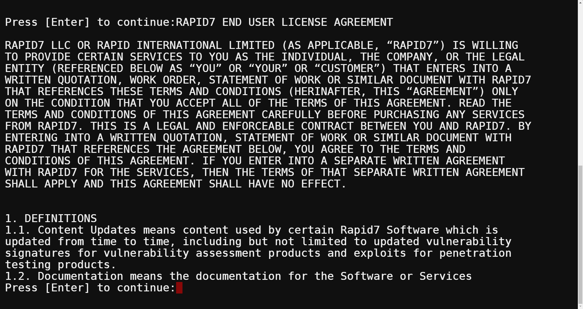 Reading the Metasploit license agreement.