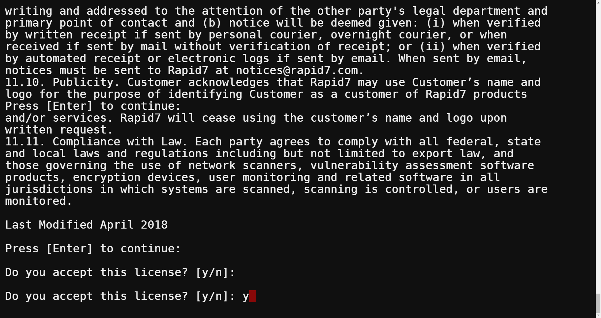 Typing y and press Enter to accept the terms and continue.