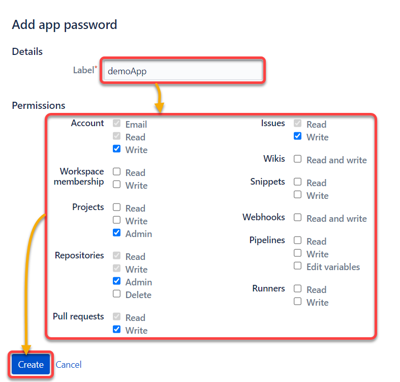 Specify the access level for the user of the App password