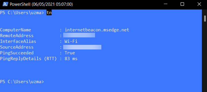 Testing network connection by running an alias of Test-NetConnection cmdlet