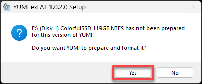 Confirming formatting of the selected USB drive