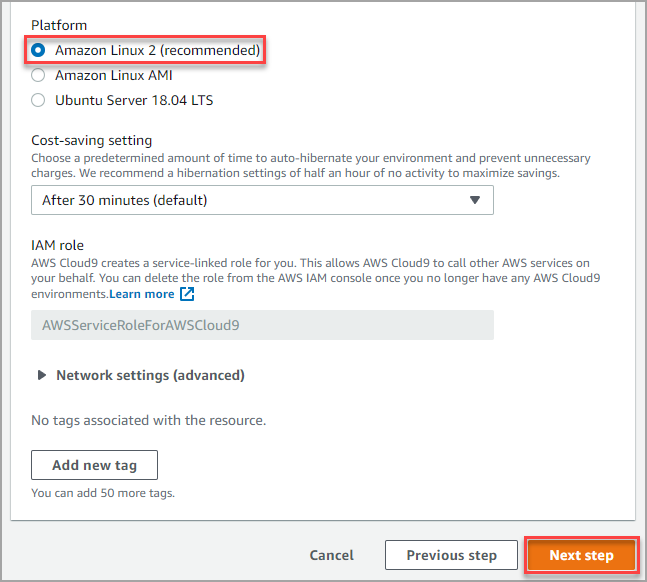 Selecting the AWS Cloud9 environment platform