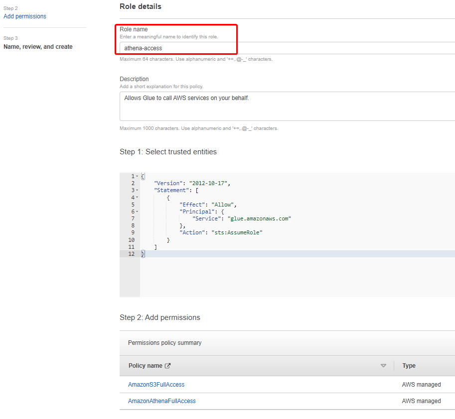 Specifying the role name, reviewing role settings, and creating the Athena role