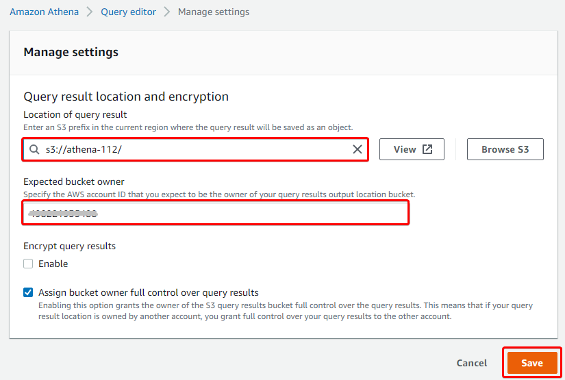 Setting query result location and encryption