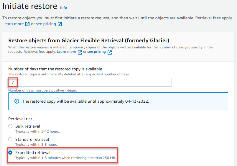 Choosing the retrieval tier and copy availability